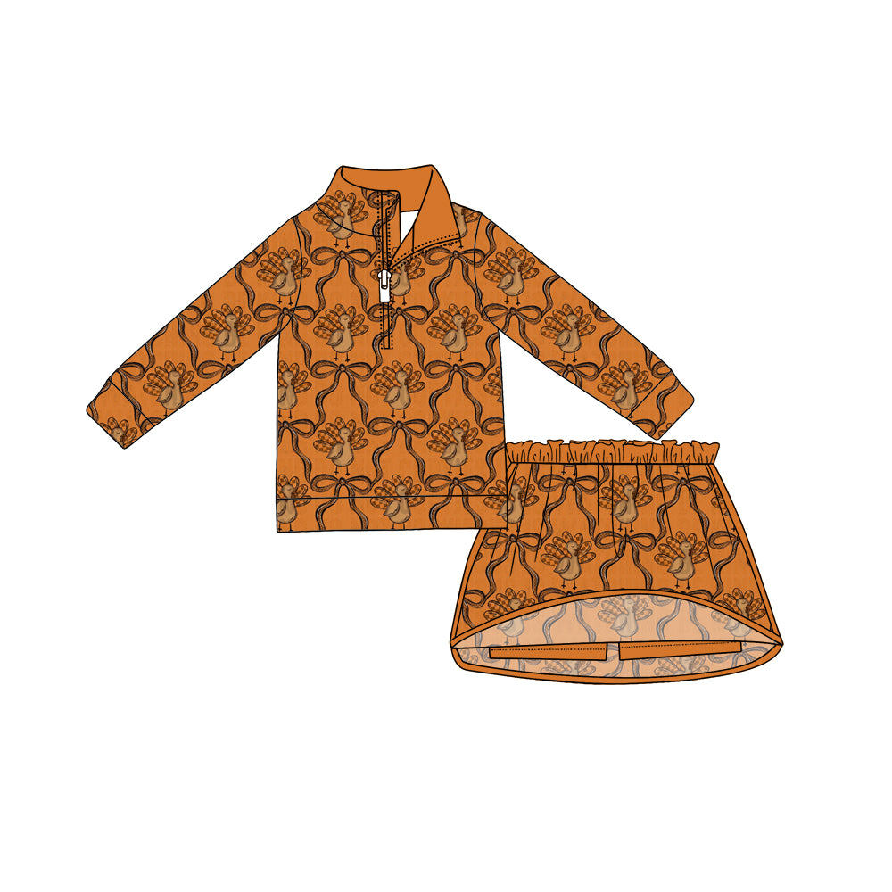 Preorder (moq 5)Baby Girls Turkey Bows Checked Zip Pullovers Top Skirt Short Thanksgiving Clothes Set