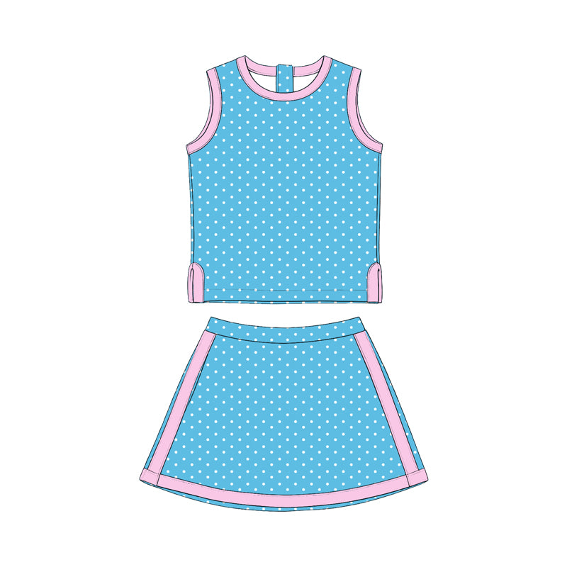Preorder (moq 5) Girls’ Blue & White Polka Dot Color-Block Sleeveless Tank Top & Skirt 2-Piece Set