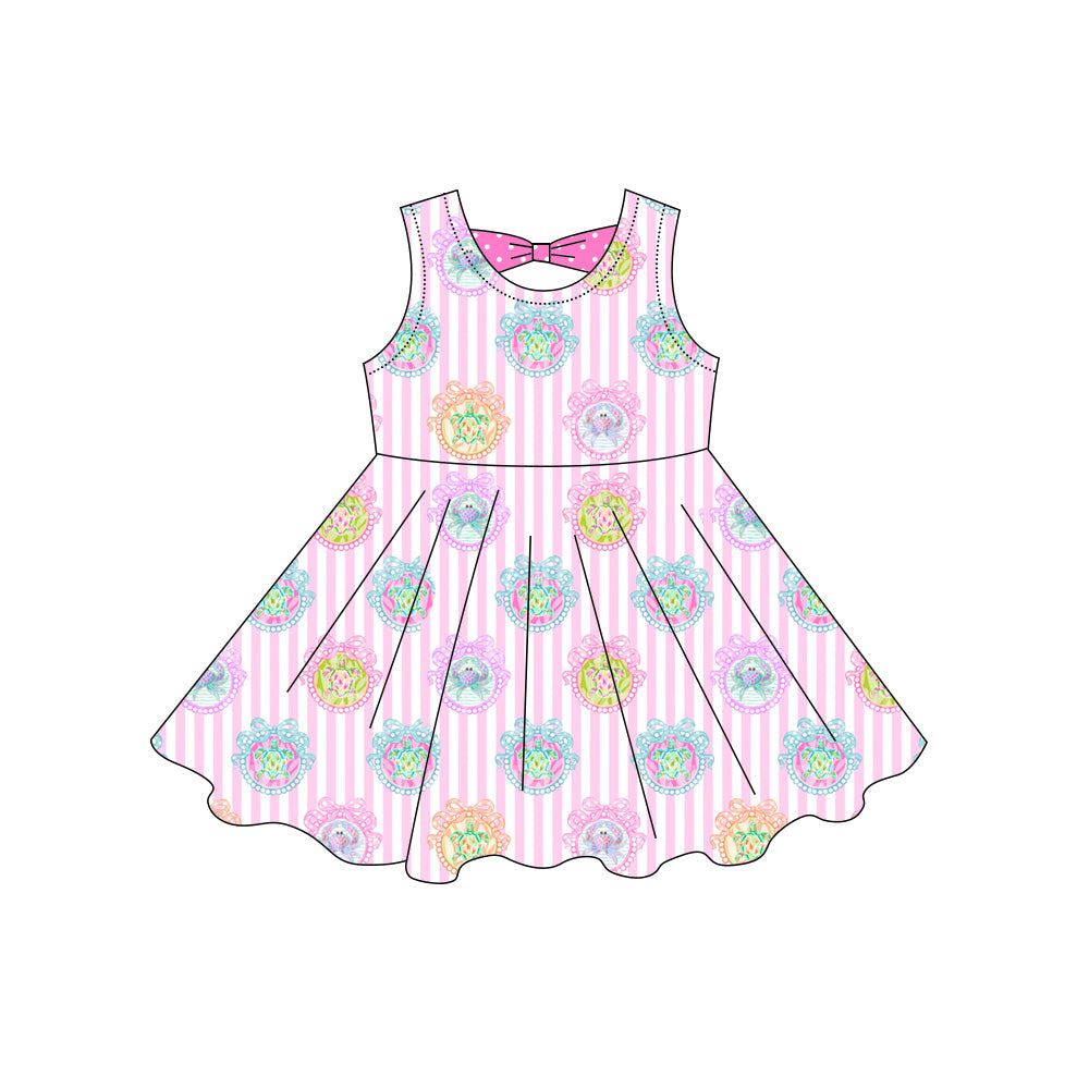 Preorder moq 5 Baby Girls Pink Stripe Crabs Tortoise Knee Length Dresses
