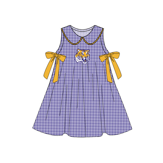 Preorder (moq 5)Baby Girls Purple Plaid Sleeveless Bows Tigers Team Knee Length Dresses