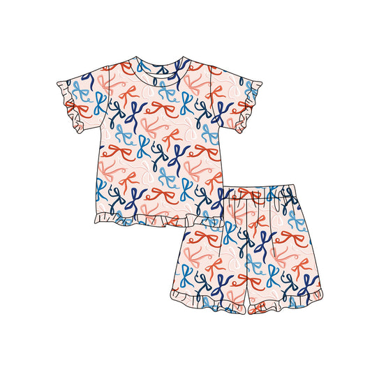 Preorder (moq 5)Baby Girls Short Sleeve Colorful Bows Top Ruffle Short Clothes Sets