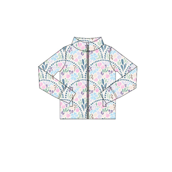 Preorder (moq 5)Baby Girls Long Sleeves Colorful Floral Plaid Zipper Pockets Yoga Jackets Top
