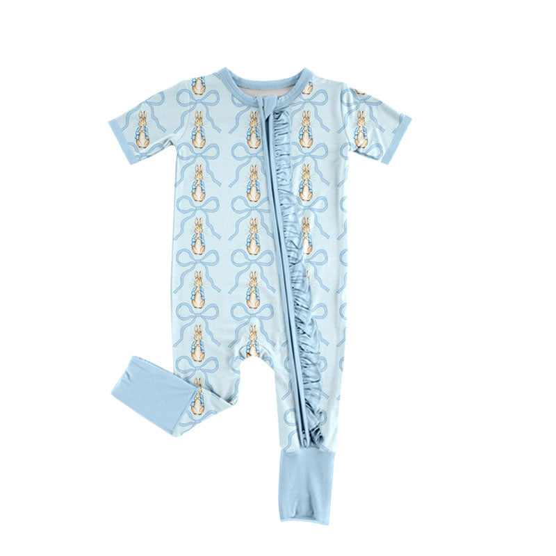 Preorder (moq 5) Baby Girls Blue Bows Rabbits Easter Two Way Ruffle Zip Convertible Romper