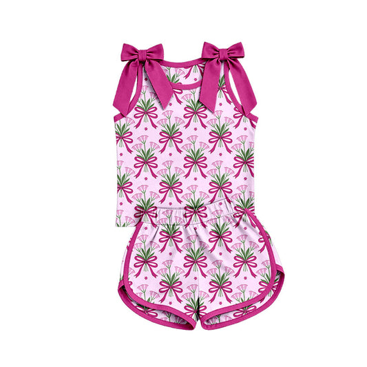 Preorder (moq 5)Baby Girls Bows Sleeveless Bows Flowers Checked Top Short Clothes Set