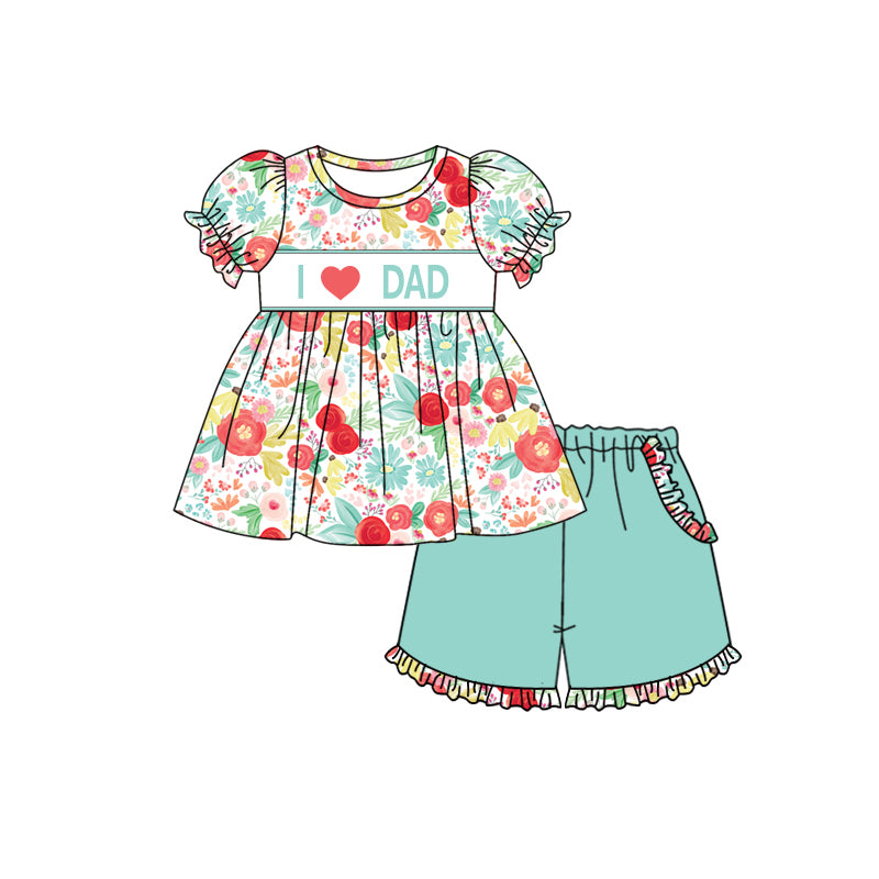 Preorder (moq 5)Baby Girls Short Ruffle Sleeves I LOVE DAD Floral Tunic Aqua Pockets Short Sets