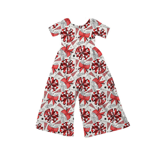 Preorder(moq 8)Baby Girls Red Bows Go Footballs Short Sleeve Team Pant Jumpsuits