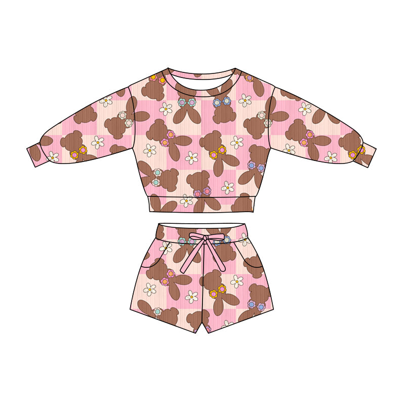 Preorder (moq 5)Baby Girls Rabbits Flowers Checked Top Pockets Shorts Easter Clothes Sets