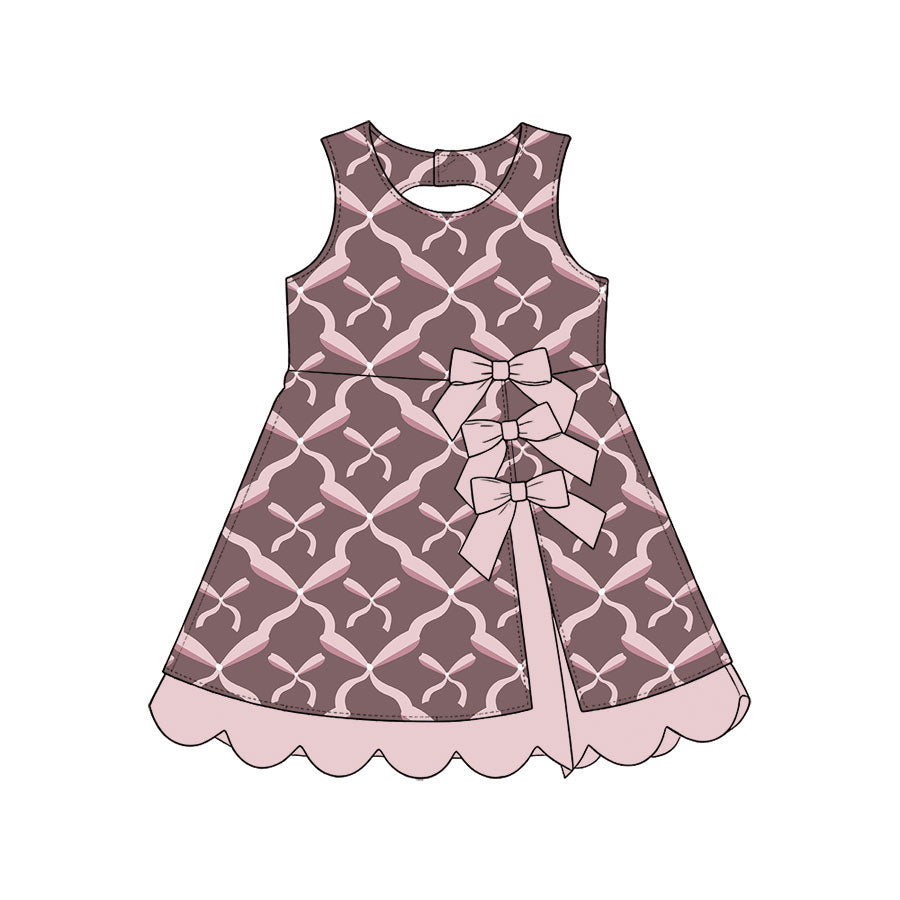 Preorder (moq 5) Baby Girl Clothes Pink Bow Lattice Geometric Print Sleeveless Scallop Hem Dress