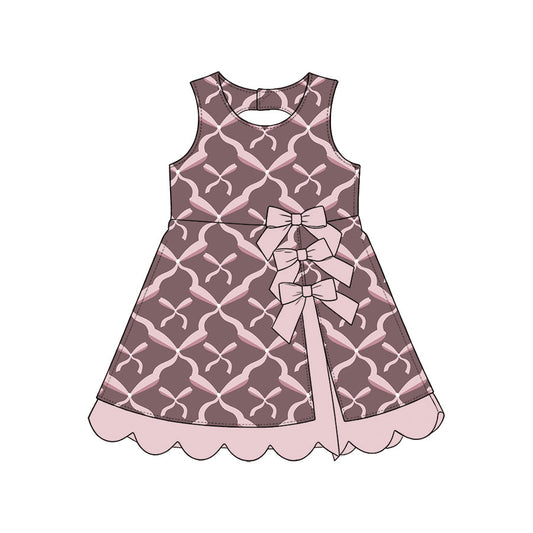 Preorder (moq 5) Baby Girl Clothes Pink Bow Lattice Geometric Print Sleeveless Scallop Hem Dress