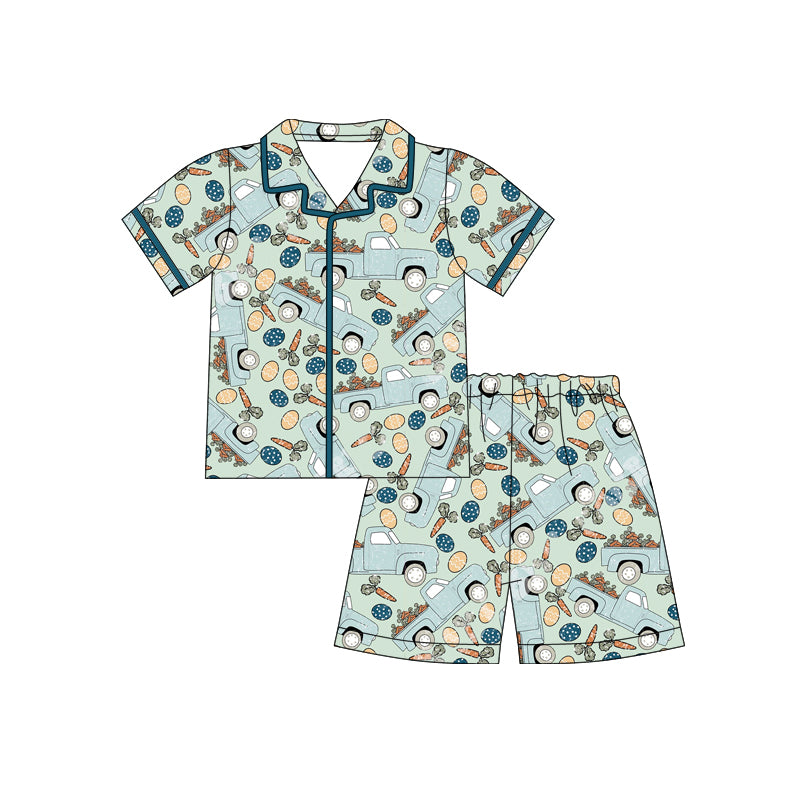 Preorder (moq 5)Baby Boys Eggs Carrots Trucks Button Top Shorts Easter Pajamas Sets