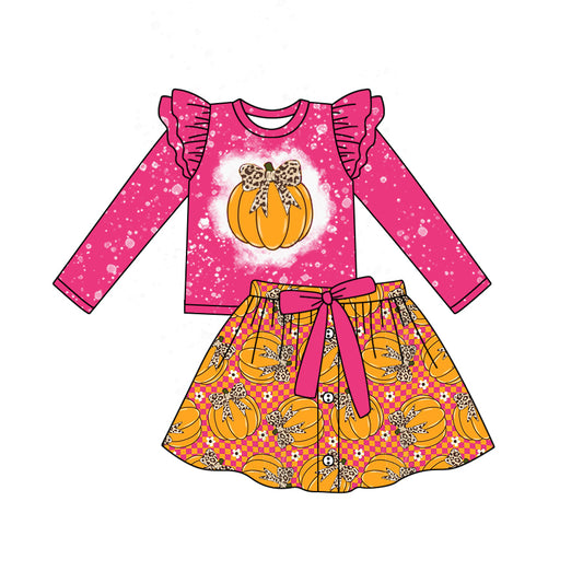 Preorder (moq 5)Baby Girls Hot Pink Long Sleeves Pumpkin Top Button Short Skirts Set
