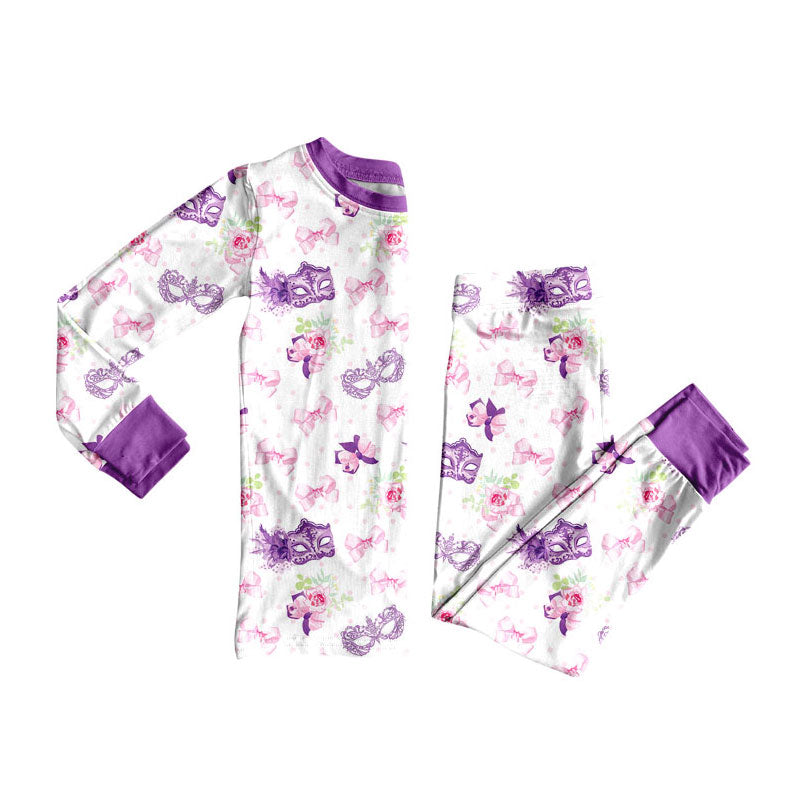 Preorder (moq 5)Baby Girls Mardi Gras Bows Flowers Masks Top Pants Pajamas Sets