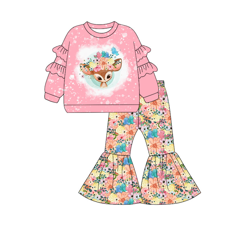 Preorder (moq 5)Baby Girls Pink Long Sleeves Floral Deer Top Bell Bottom Pant Clothes Set