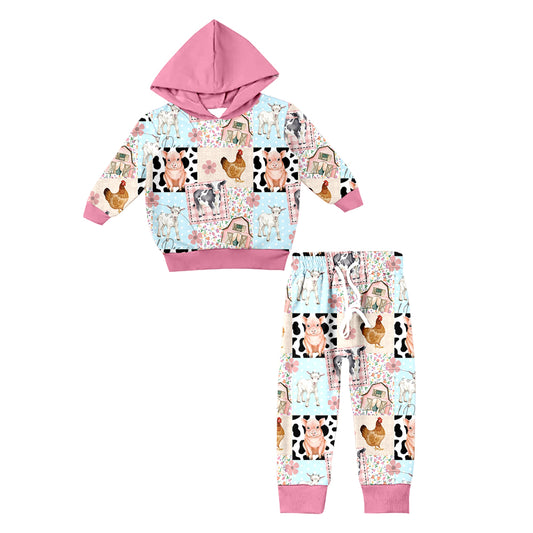 Baby Girls Farm Chicken Hooded Top Floral Pants Clothes Sets Preorder(moq 5)