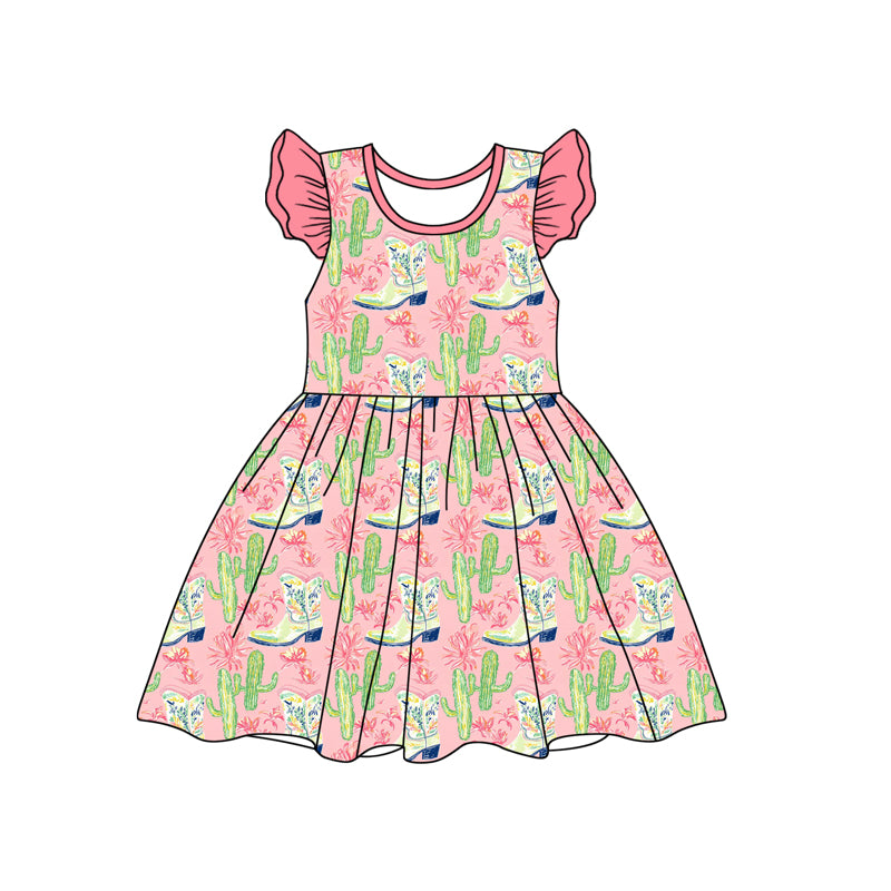 Preorder (moq 5)Baby Girls Western Boots Cactus Knee Length Dresses