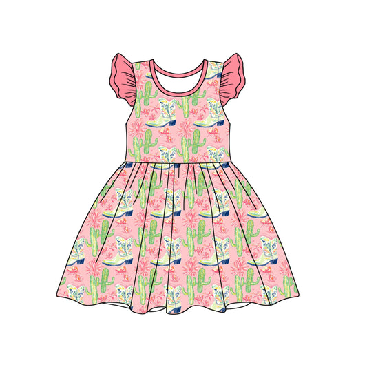 Preorder (moq 5)Baby Girls Western Boots Cactus Knee Length Dresses