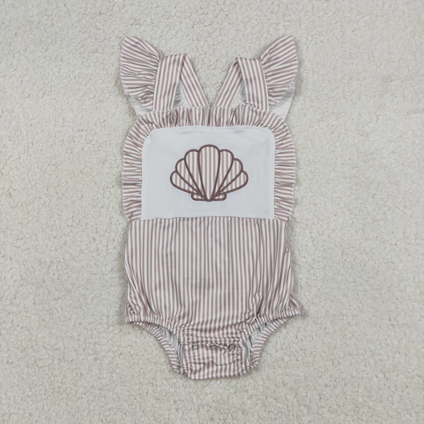 Embroidery Stripe Shells Baby Girls Flutter Sleeve Ruffle Rompers