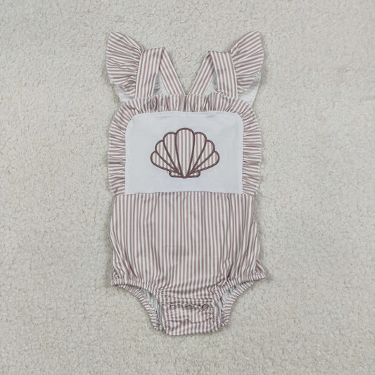 Embroidery Stripe Shells Baby Girls Flutter Sleeve Ruffle Rompers