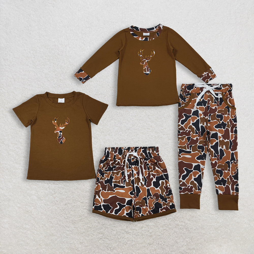 Sibling Baby Boys Embroidery Brown Camo Deer Pockets Pant Short Hunting Clothes Sets