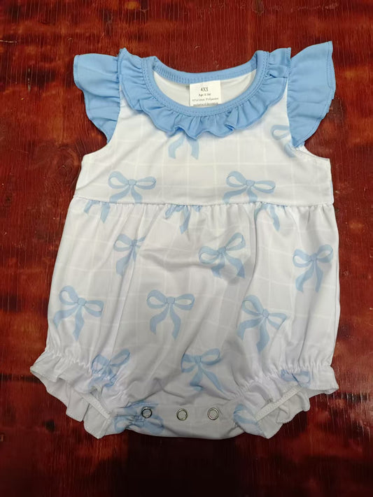 Preorder moq 5 Baby Girls Blue Flutter Sleeves Bows Ruffle Rompers