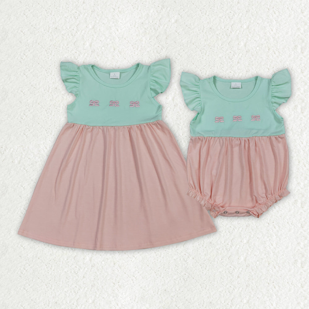 Sibling Baby Girls Flutter Sleeves Embroidery Bows Knee Length Dress Ruffle Rompers