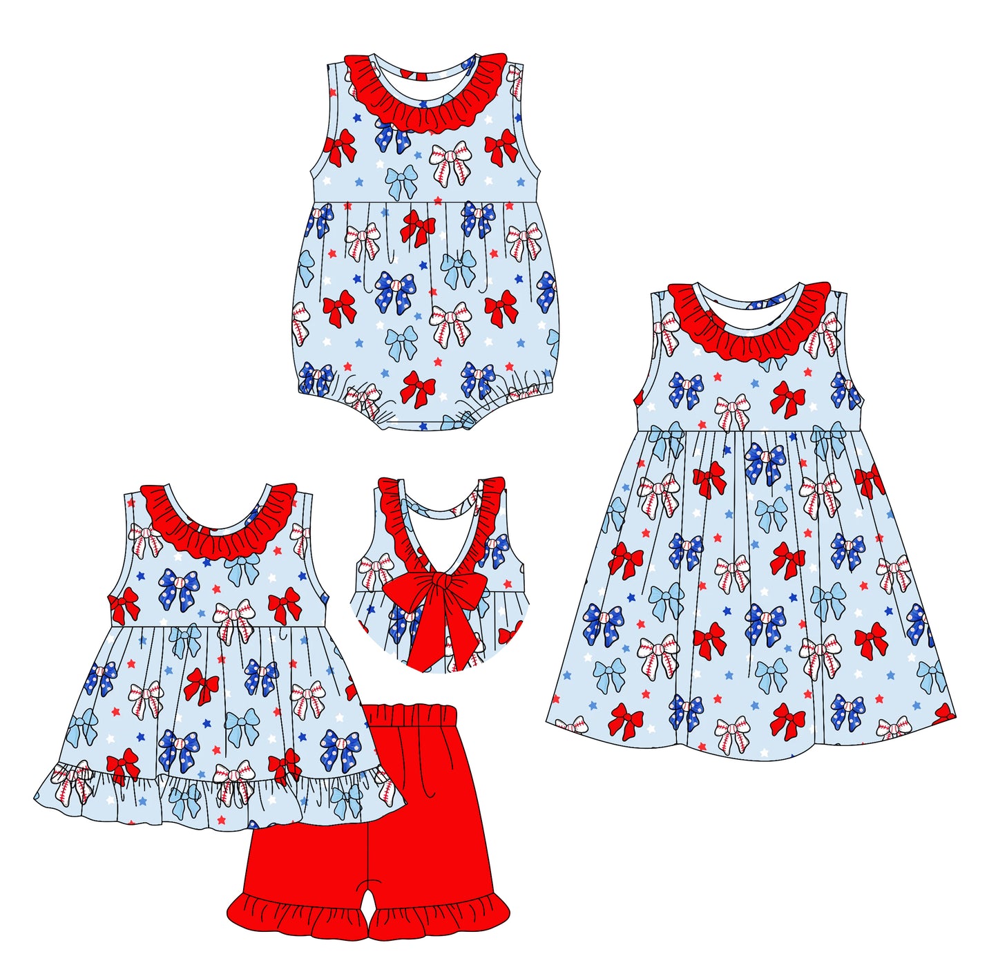 Preorder moq 5 Custom Baby Girls Sleeveless Blue Red Bows Stars Tunic Ruffle Short 4th Of July Set Knee Length Dress And Rompers