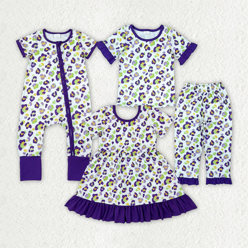 Sibling Baby Girls Mardigras Leopard Ruffle Pajamas Set Dress Zip Rompers