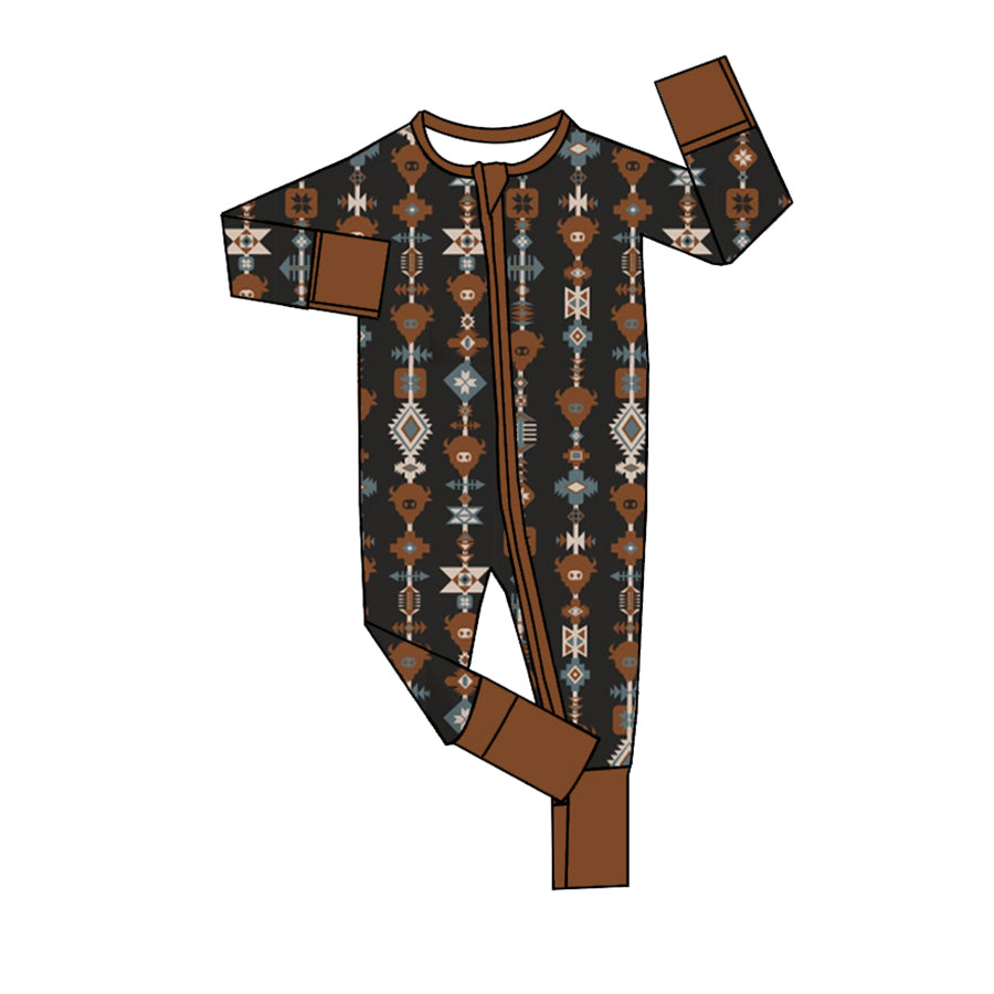 Baby Infant Boys Western Cow Aztec Long Sleeve Zip Rompers preorder(moq 5)