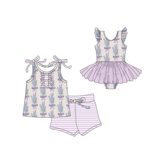 Preorder moq 5 Custom Baby Girls Lavender Strap Floral Bows Button Top Stripe Short Set Skort Bummise Romper