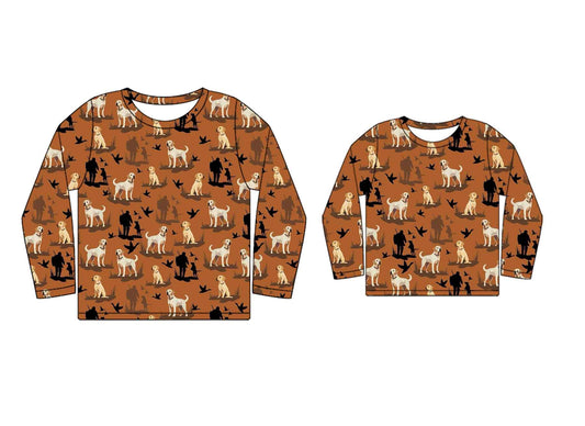 Preorder (moq 5 each) Mommy and Me Women Baby Kids Dog Hunting Brown Long Sleeve Tee Shirts