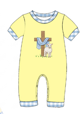 Preorder(moq5) Baby Easter Bunny Print Plaid Trim Short Sleeve Romper Set Newborn Cotton One-Piece Bodysuit