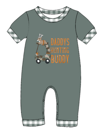 Preorder(moq5) Baby Hunting Print Plaid Trim Short Sleeve Romper Set Newborn Cotton One-Piece Bodysuit