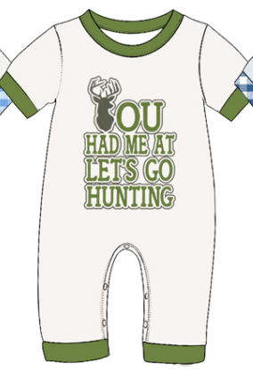 Preorder(moq5) Baby Hunting Print Plaid Trim Short Sleeve Romper Set Newborn Cotton One-Piece Bodysuit