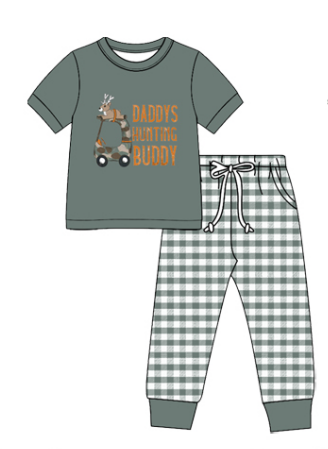 Preorder (moq5)  Boys Hunting Print Short Sleeve T-shirt and Pants Set Toddler Drawstring Pants Outfit