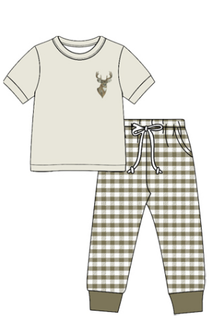 Preorder (moq5)  Boys Hunting Print Short Sleeve T-shirt and Pants Set Toddler Drawstring Pants Outfit