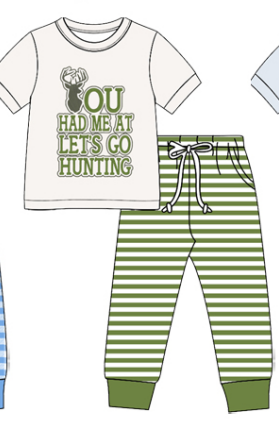 Preorder (moq5)  Boys Hunting Print Short Sleeve T-shirt and Pants Set Toddler Drawstring Pants Outfit
