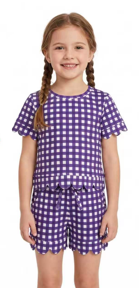Preorder (moq5) Girls Check Print Short Sleeve T-shirt and Shorts Set Toddler Scallop Trim Outfit