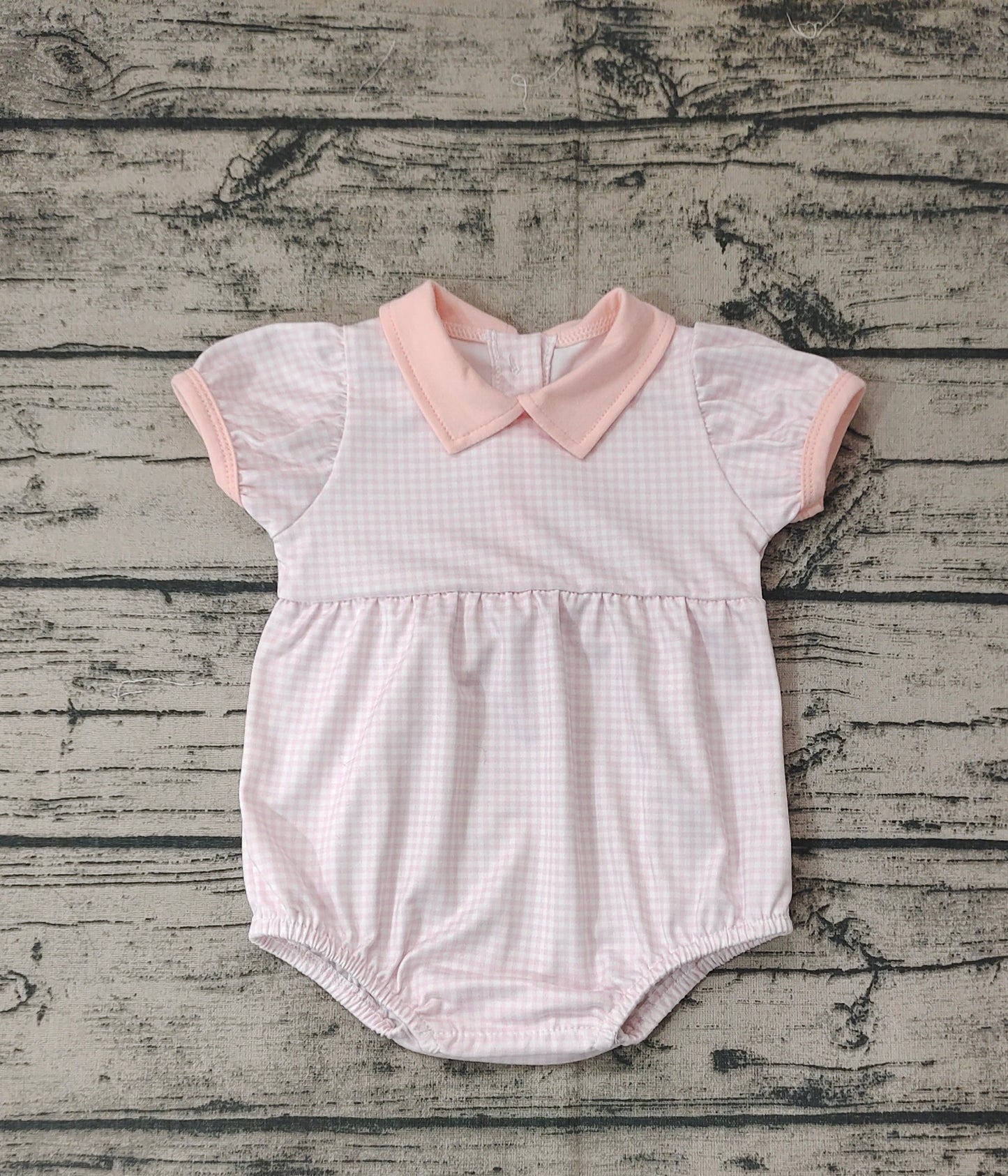 Baby Infant Girls Light Pink Checkered Short Sleeve Rompers