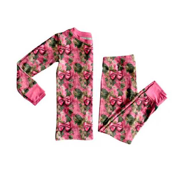 Preorder (moq 5)Baby Girls Pink Green Camo Bows Top Pants Western Pajamas Set