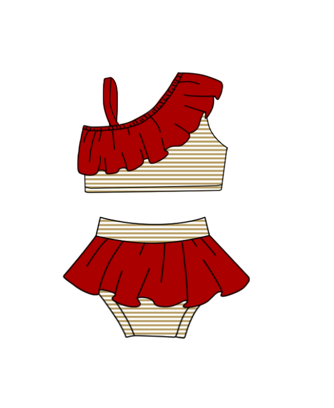 Preorder moq 5 Baby Girls Red Stripe Strap Top Bummies Short Team Swimsuits