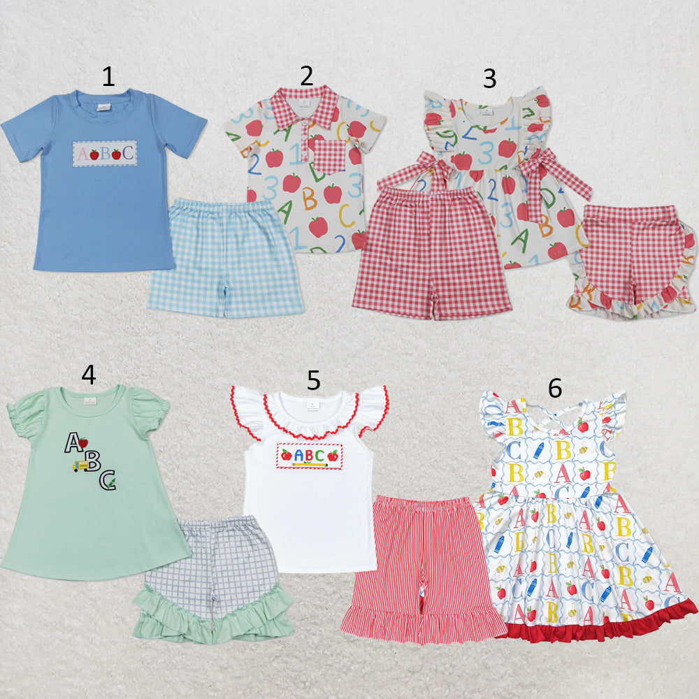 Sibling Baby Kids ABC Apples Back To School Shorts Clothes Set Dresses