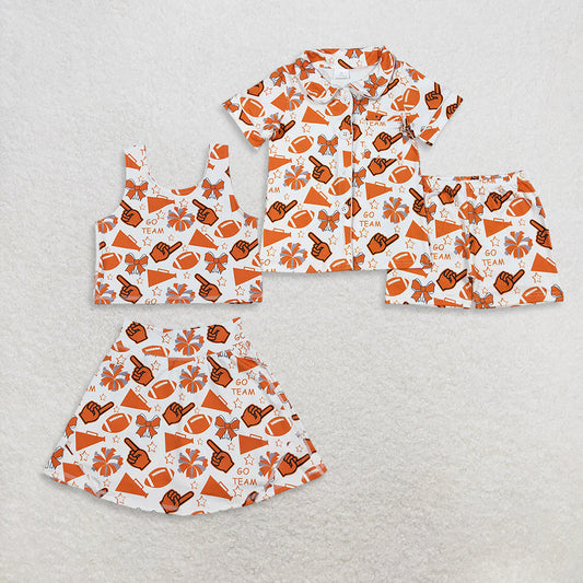 Sibling Baby Girls Orange Go Team Footballs Bows Yoga Skorts Set Shorts Pajamas Set