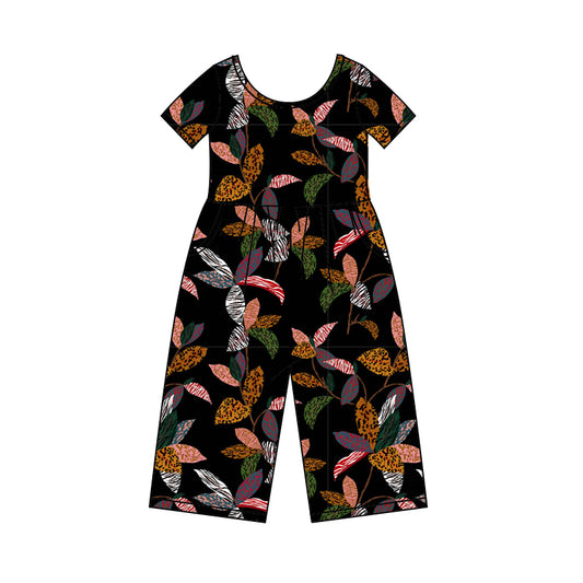 Baby Girls Short Sleeve Brown Leaves Pockets Jumpsuits preorder(MOQ 5)