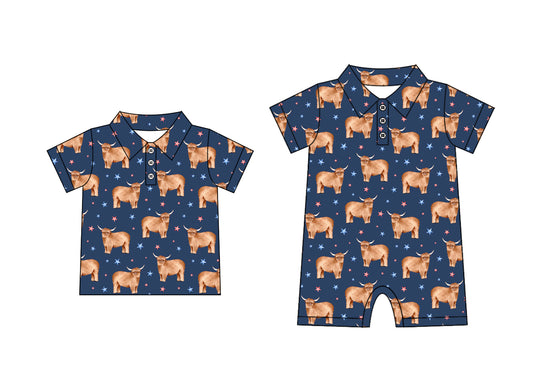 Preorder moq 5 Custom Baby Boys Short Sleeves Button Highland Cows Stars Polo Shirts Top Rompers