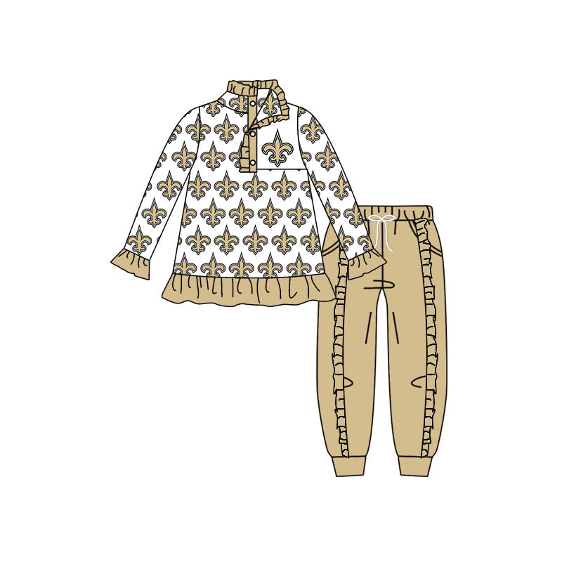 preorder(moq 5) Baby Girls Khaki Saint Team Long Sleeve Top Ruffle Pants Clothes Sets