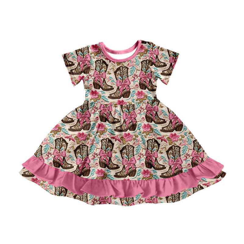 Preorder (moq 5)Baby Girls Western Boots Bows Knee Length Dresses