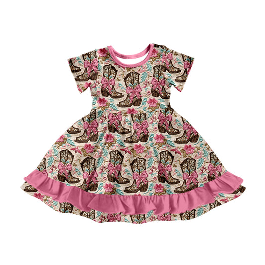 Preorder (moq 5)Baby Girls Western Boots Bows Knee Length Dresses
