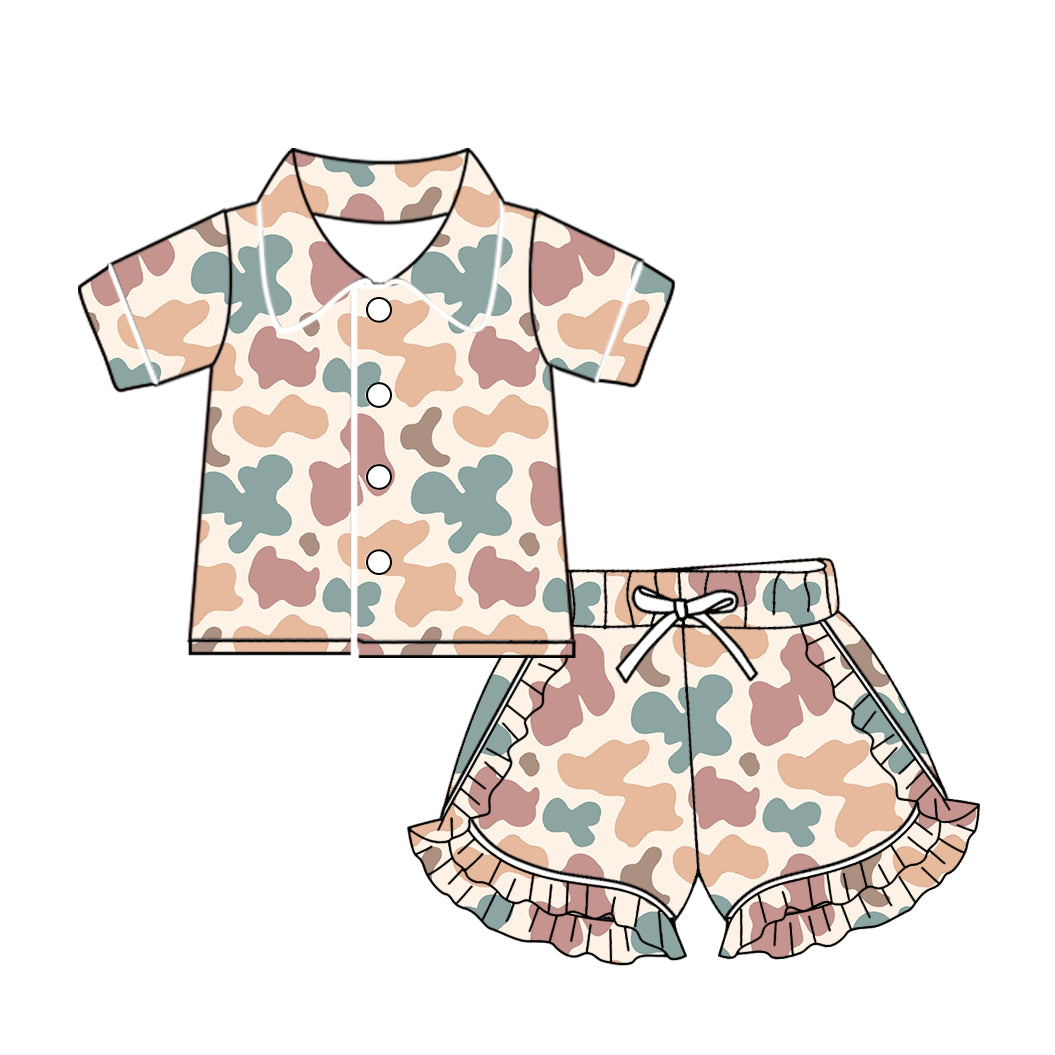 Baby Girls Green Camouflage Buttons Top Ruffle Shorts Pajamas Sets preorder(MOQ 5)