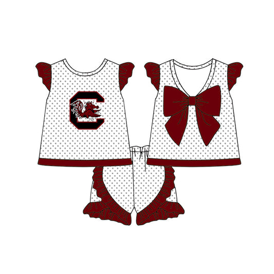 Preorder (moq 5)Baby Girls Carolina Polka Dots Back Bow Tunic Ruffle Shorts Team Clothes Sets