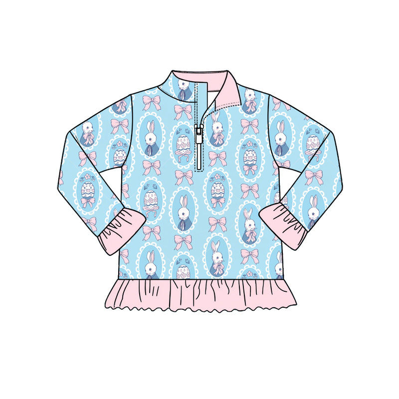 Preorder (moq 5) Baby Girl Clothes Easter Egg Bunny Bow Frame Allover Print Long Sleeve Quarter Zip Ruffle Hem Top